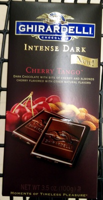 Cherry tango intense dark chocolate with bits of cherry & almonds, cherry tango