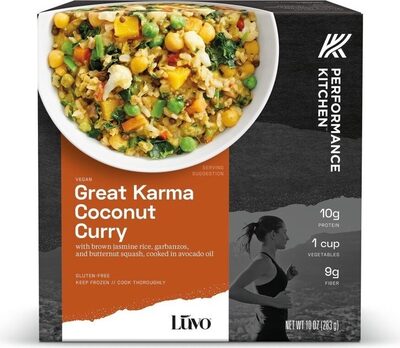 Great karma coconut curry bowl with brown jasmine rice, garbanzos, and butternut squash, cooked in avocado oil, great karma coconut curry